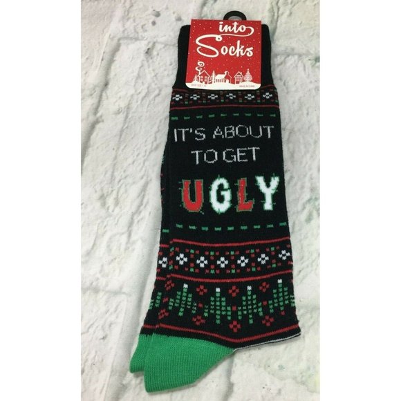Ugly Christmas Socks "It's About to Get Ugly" Men's Crew Socks Shoe Size 7-12 - Picture 1 of 5